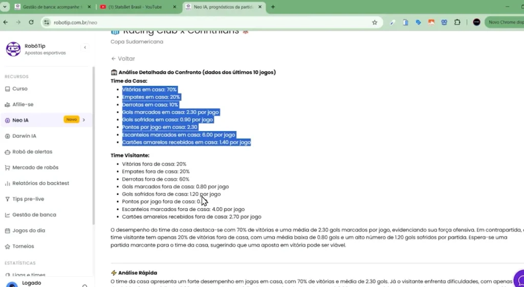 Comparação de dados e estatísticas na NEO